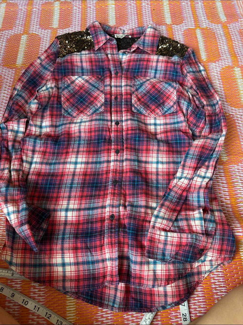 Express Pink Plaid Button-Down Shirt with Gold Sequin Shoulders
